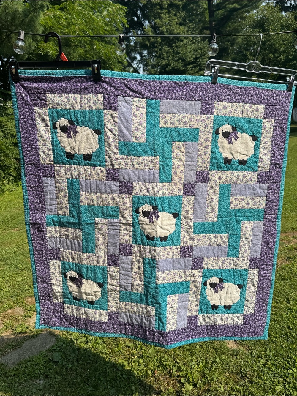 Handmade Vintage Lamb & Pinwheel Patchwork Baby Crib Quilt 39” x 39”